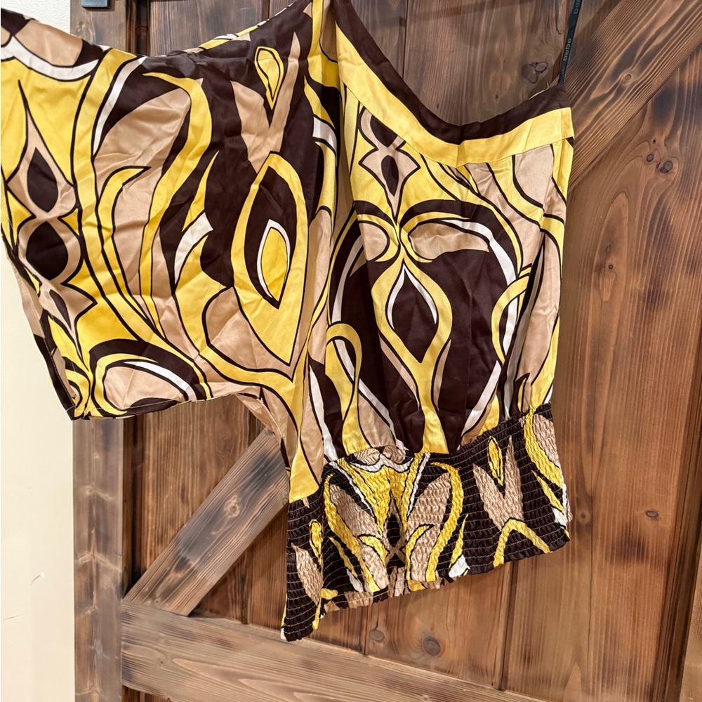 Bebe Yellow And Brown Patterned One-Shoulder Top - image 2